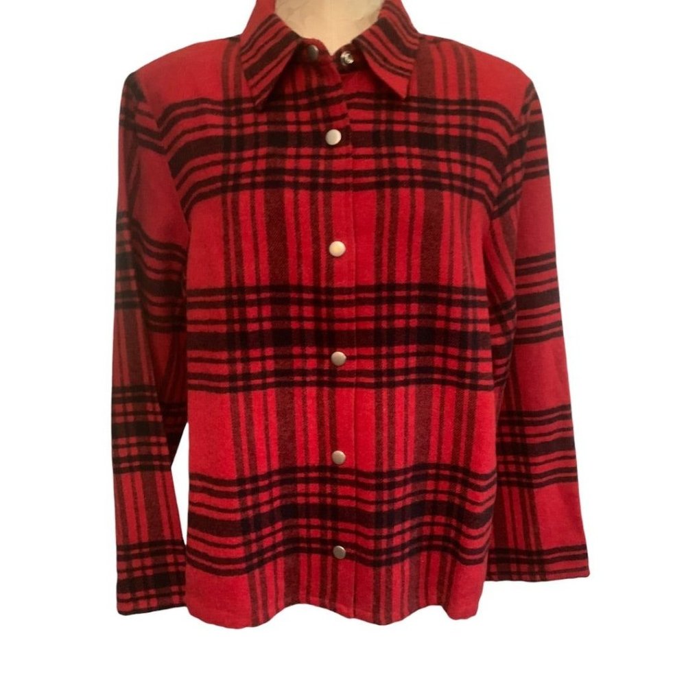 Large Lemon Grass Vintage Women's Y2K Snap Up Wool Blend Jacket Shirt Red Plaid
